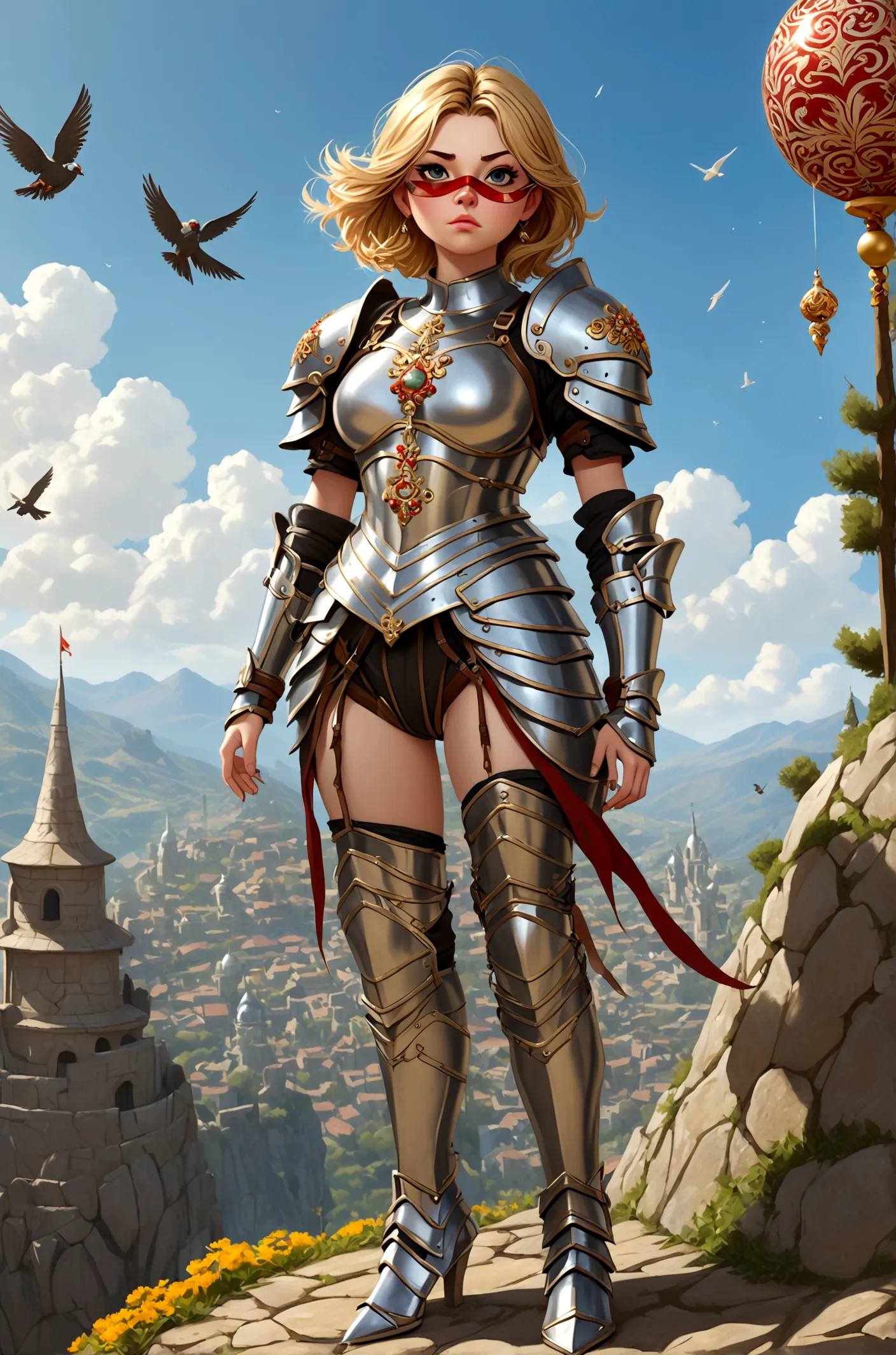 huge teen tits bimbo, stern face expression,  standing on steep heel, sunny day, ((wearing plate full armor with ornament)), eye...