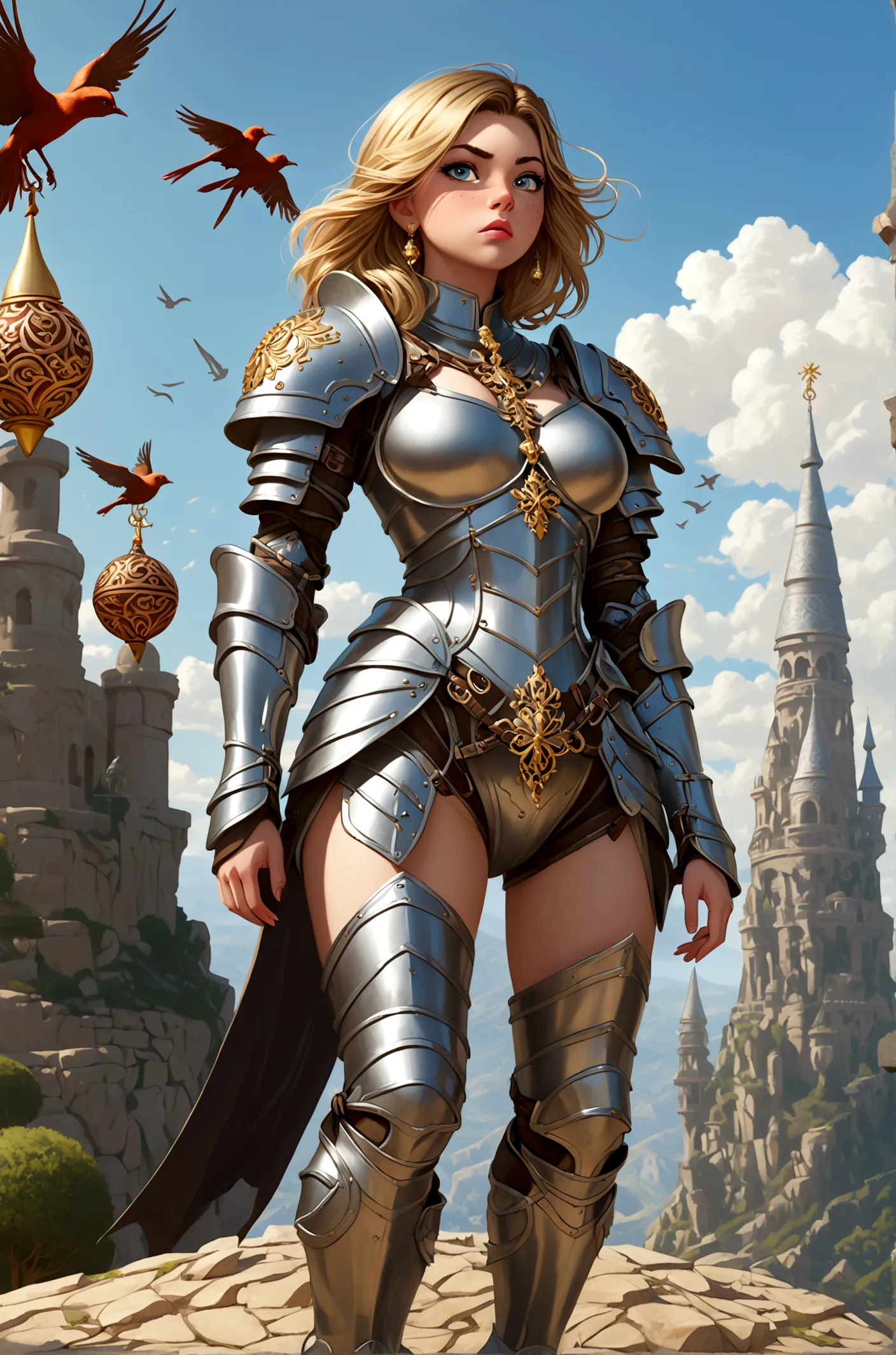 huge teen tits bimbo, stern face expression,  standing on steep heel, sunny day, ((wearing plate full armor with ornament)), eye...