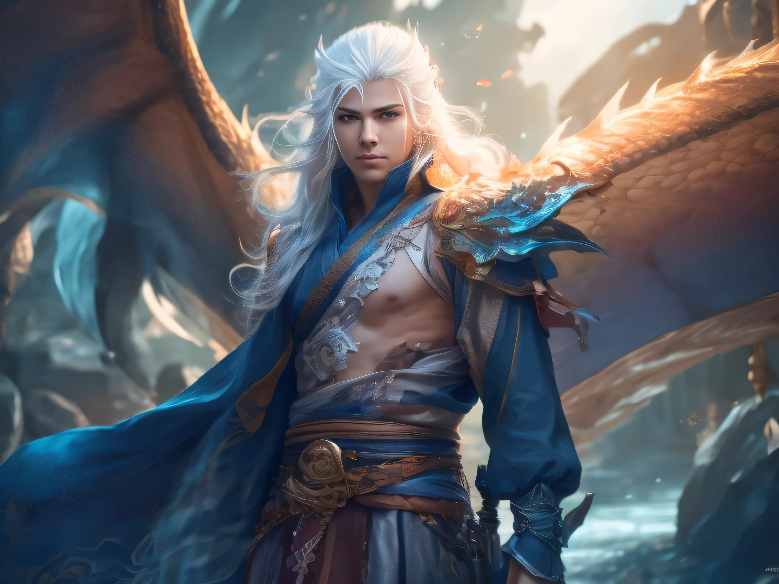 (Best Quality, 8K, Masterpiece, HDR, Soft Lighting, Picture Perfect, Realistic, Vivid), Male Humanoid Dragon (1.0), 1 Guy, Perfect Face, Super Detailed Photo of a Gorgeous Humanoid Dragon Man with Long White Hair, Side by Side lies a white dragon, Beautiful anime fantasy, background blur, anime fantasy, work in the style of Gouves, realism: 1.37, long white hair, plump lips, (Ultra high quality fantasy art), Masterpiece, male model, male character ultra high quality designs, detailed 8k anime art, realistic anime art, highest quality wallpapers, intricate ultra high quality accurate male characters faces, high quality designs and accurate physics (fantasy - ultra high quality art), dark fantasy style), masterpieces, super high quality quality characters, anime resolution - 8K, realistic anime art, wallpapers with the highest quality illustrations, ultra-high detail faces, high-quality design and accurate physics), color, depth of field, shadows, ray tracing, high-quality execution. -high quality and 8K resolution, (Accurate simulation of the interaction of light and materials)], [High-quality hair detail [Read more about beautiful and shiny white hair]], (Beautifully detailed hands [perfect fingers [Perfect nails]]], (perfect anatomy ( perfect proportions)))) [[Full-length]], [Perfect combination of colors (Accurate imitation of the interaction of light and material)], [art that conveys the meaning of the story](modified)