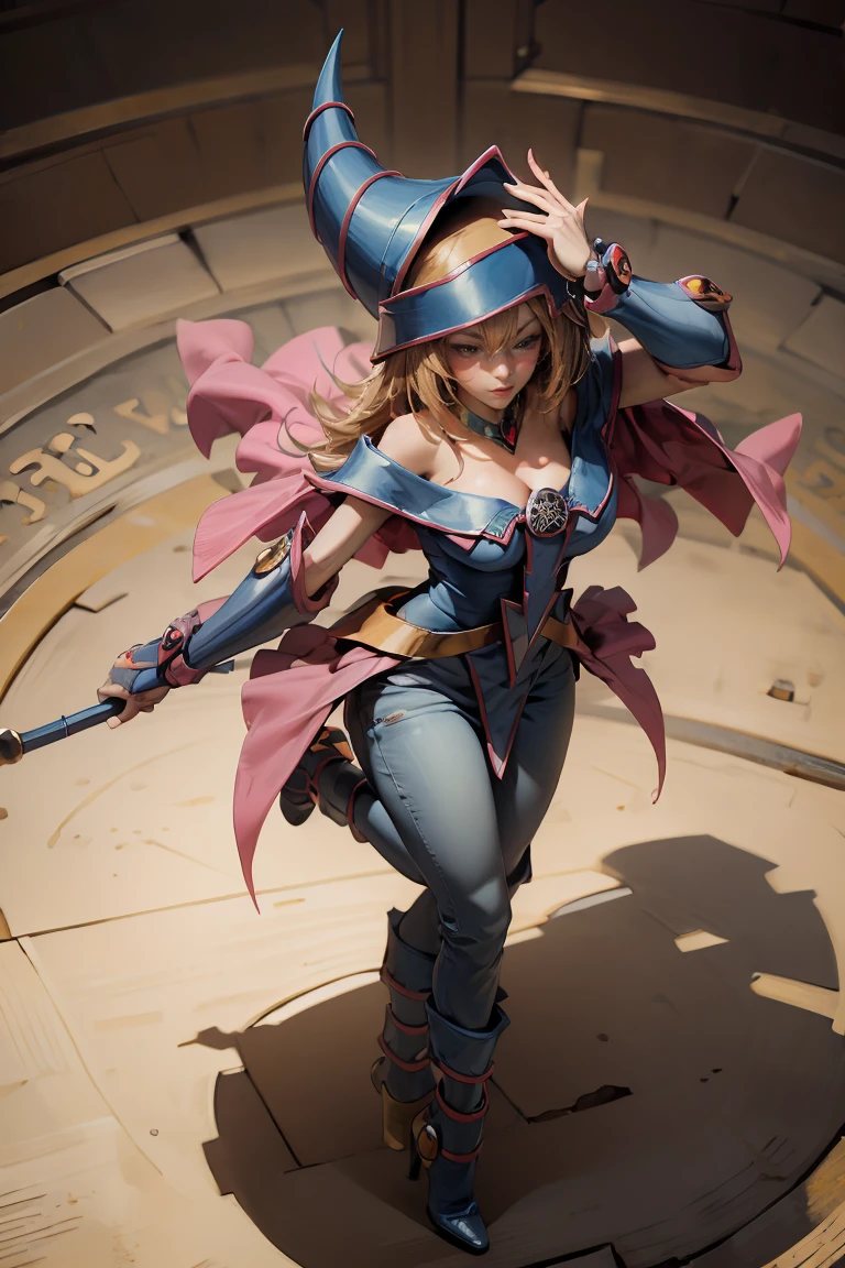 (Masterpiece:1.2), (The best quality:1.2), perfect lighting, Dark Magician Girl casting a spell, in battle. floating in the air, big and visible tits, wear jeans and heels. transparent neckline, blue robe, big hat, From above, sparkles, Yugioh game, The magic of the heart, romantic heart.