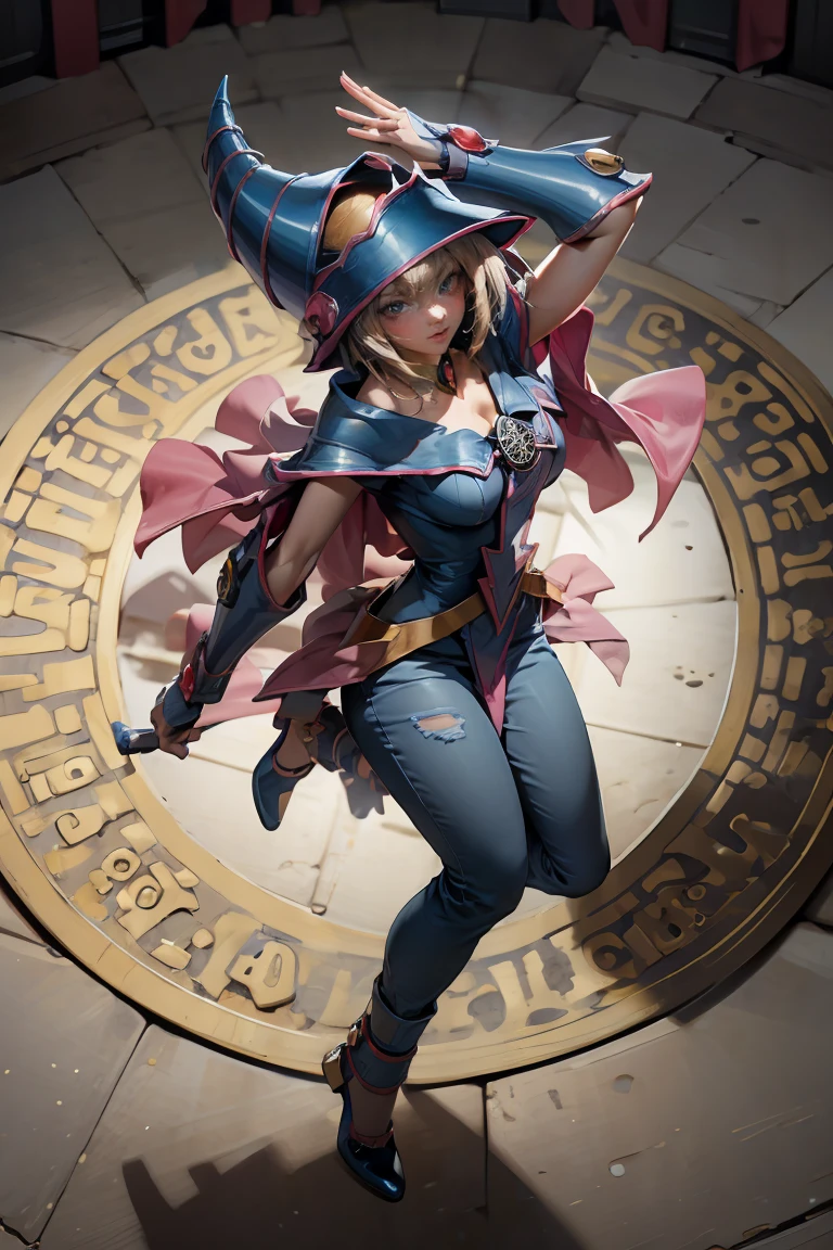 (ผลงานชิ้นเอก:1.2), (คุณภาพที่ดีที่สุด:1.2), แสงสว่างที่สมบูรณ์แบบ, Dark Magician Girl ร่ายมนตร์, ในการต่อสู้. ลอยอยู่ในอากาศ, ใหญ่และมองเห็นได้ , สวมกางเกงยีนส์และรองเท้าส้นสูง. คอเสื้อใส, เสื้อคลุมสีน้ำเงิน, หมวกใบใหญ่, จากข้างบน, ประกายไฟ, เกมส์ยูกิโอ, ความมหัศจรรย์ของหัวใจ, หัวใจโรแมนติก.