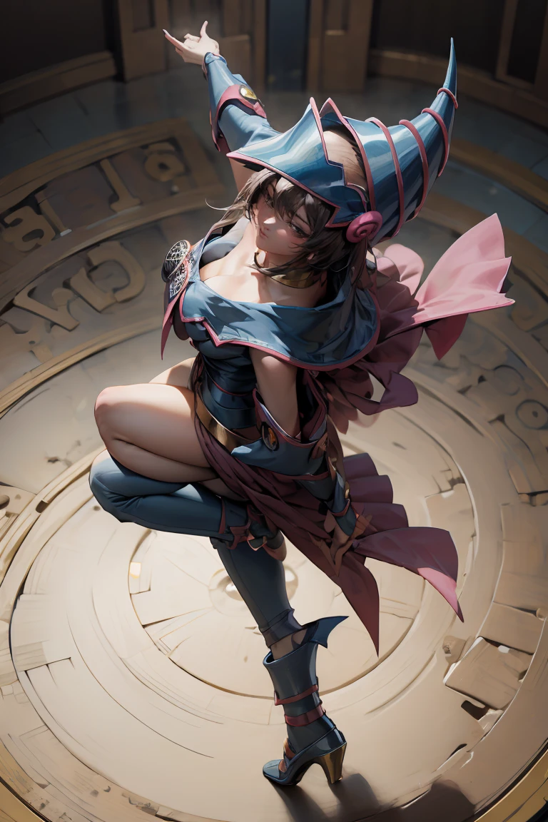 (Masterpiece:1.2), (The best quality:1.2), perfect lighting, Dark Magician Girl casting a spell, in battle. floating in the air, big and visible tits, wear jeans and heels. transparent neckline, blue robe, big hat, From above, sparkles, Yugioh game, The magic of the heart, romantic heart.