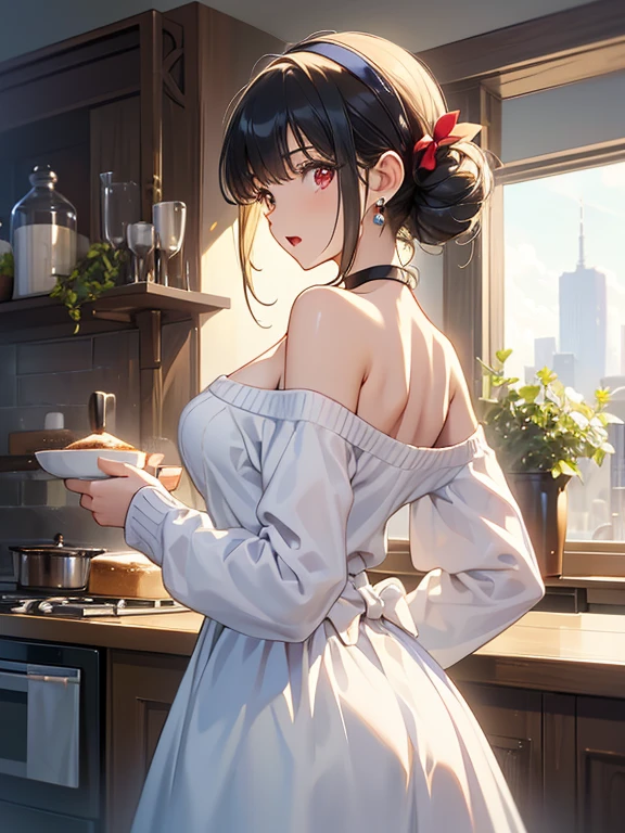 masterpiece, yor, 1girl, Amazing Cleavage:1.3, thin waist, big ass, Raised sexy, medium breast: 1.8 posed cleavage:1.2、solo, looking at viewer, open mouth, have a cup of coffee,black hair, red eyes, dress, bare shoulders, jewelry, collarbone, sidelocks, hairband, earrings, indoors, off shoulder, :o, sweater, arms behind back, plant, short hair with long locks, white hairband, off-shoulder dress, sweater dress, off-shoulder sweater, red sweater, big side hair, very long side hair,is rendered in (masterpiece: 1.2, best quality), with (ultra high resolution) and an exquisite (depth of field). This masterpiece is not only visually stunning but also tells, make of cake cooking ,in the kitchen
