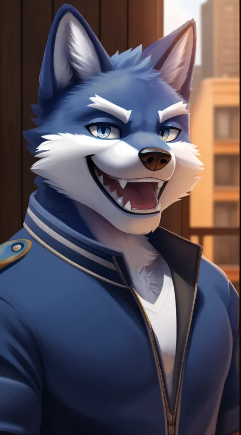 There is a cartoon cat wearing a blue jacket and a white shirt, Furry character portrait, sly smile, male anthropomorphic wolf, ...