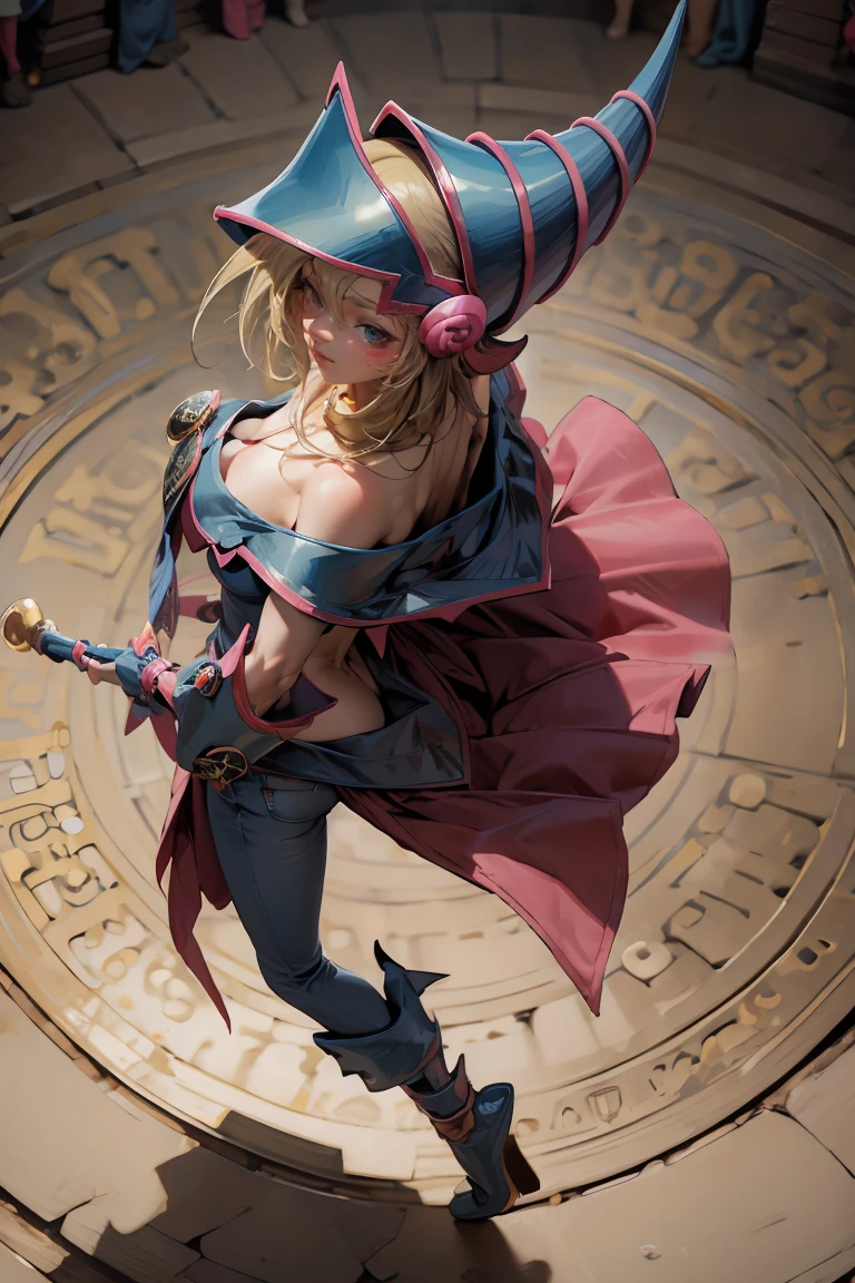 (ผลงานชิ้นเอก:1.2), (คุณภาพที่ดีที่สุด:1.2), แสงสว่างที่สมบูรณ์แบบ, Dark Magician Girl ร่ายมนตร์, ในการต่อสู้. ลอยอยู่ในอากาศ, ใหญ่และมองเห็นได้ , สวมกางเกงยีนส์และรองเท้าส้นสูง. คอเสื้อใส, เสื้อคลุมสีน้ำเงิน, หมวกใบใหญ่, จากข้างบน, ประกายไฟ, เกมส์ยูกิโอ, ความมหัศจรรย์ของหัวใจ, หัวใจโรแมนติก.