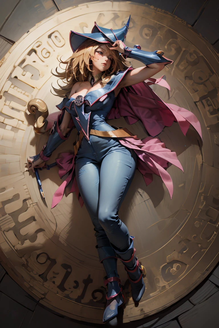 (ผลงานชิ้นเอก:1.2), (คุณภาพที่ดีที่สุด:1.2), แสงสว่างที่สมบูรณ์แบบ, Dark Magician Girl ร่ายมนตร์, ในการต่อสู้. ลอยอยู่ในอากาศ, ใหญ่และมองเห็นได้ , สวมกางเกงยีนส์และรองเท้าส้นสูง. คอเสื้อใส, เสื้อคลุมสีน้ำเงิน, หมวกใบใหญ่, จากข้างบน, ประกายไฟ, เกมส์ยูกิโอ, ความมหัศจรรย์ของหัวใจ, หัวใจโรแมนติก.