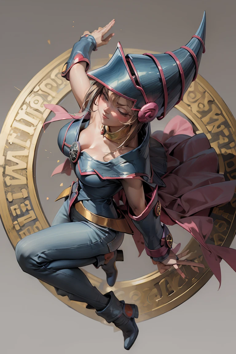 (Masterpiece:1.2), (The best quality:1.2), perfect lighting, Dark Magician Girl casting a spell, in battle. floating in the air, big and visible tits, wear jeans and heels. transparent neckline, blue robe, big hat, From above, sparkles, Yugioh game, The magic of the heart, romantic heart.