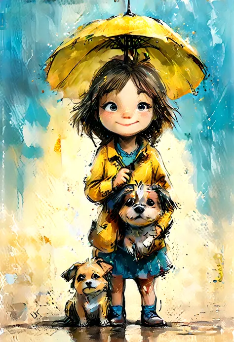 striking colorful painting of a cute drawing of a little girl with a puppy, the  holds a yellow umbrella, highy detailed,  8k,  ...