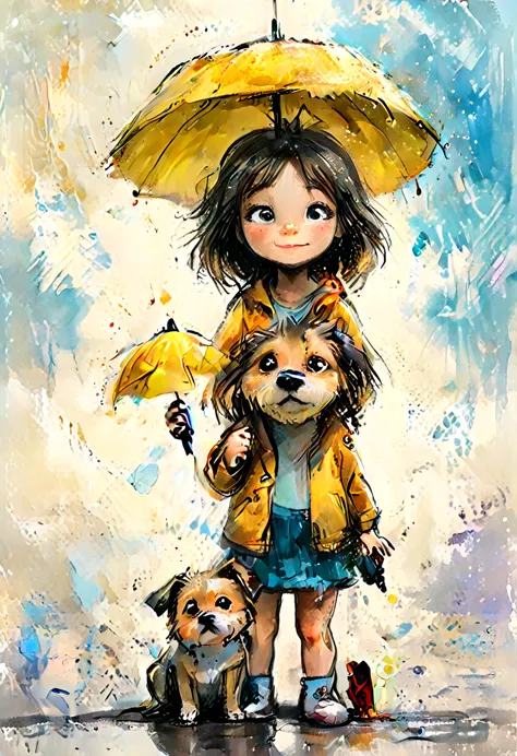 striking colorful painting of a cute drawing of a little girl with a puppy, the  holds a yellow umbrella, highy detailed,  8K,  ...