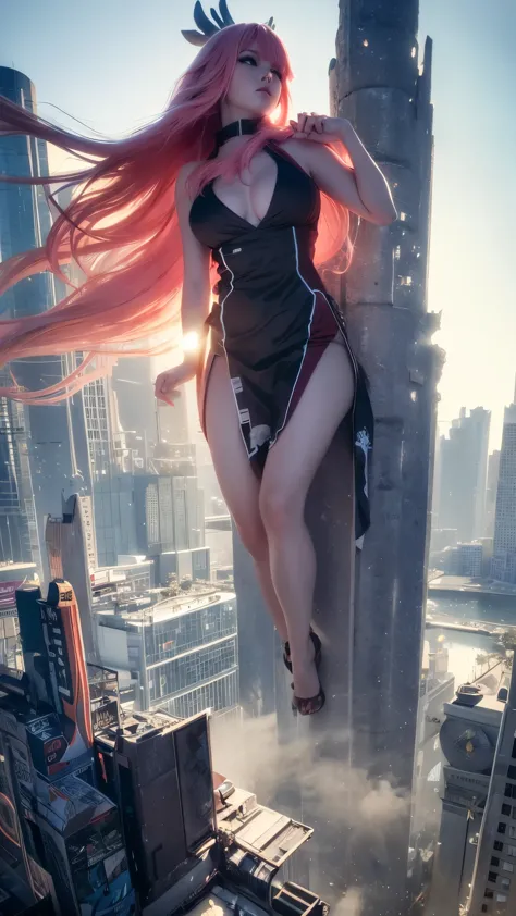 The giant girl wields a and destroys the city,Girl sitting on a building,A giant woman in a lying on top of a cyberpunk city, We...