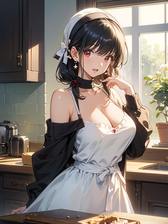 masterpiece, yor, 1girl, Amazing Cleavage:1.3, thin waist, big ass, Raised sexy, medium breast: 1.8 posed cleavage:1.2、solo, looking at viewer, open mouth, have a cup of coffee,black hair, red eyes, dress, bare shoulders, jewelry, collarbone, sidelocks, hairband, earrings, indoors, off shoulder, :o, sweater, arms behind back, plant, short hair with long locks, white hairband, off-shoulder dress, sweater dress, off-shoulder sweater, red sweater, big side hair, very long side hair,is rendered in (masterpiece: 1.2, best quality), with (ultra high resolution) and an exquisite (depth of field). This masterpiece is not only visually stunning but also tells, make of cake cooking ,in the kitchen
