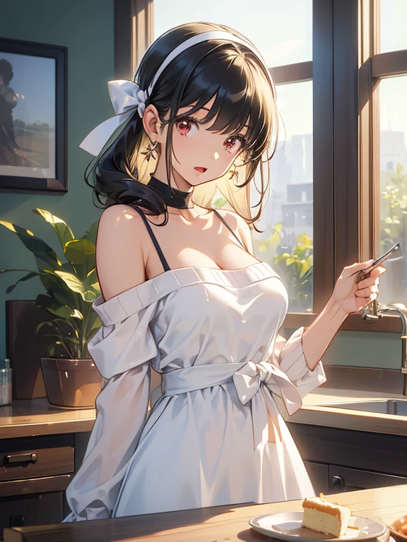 masterpiece, yor, 1girl, Amazing Cleavage:1.3, thin waist, big ass, Raised sexy, medium breast: 1.8 posed cleavage:1.2、solo, looking at viewer, open mouth, have a cup of coffee,black hair, red eyes, dress, bare shoulders, jewelry, collarbone, sidelocks, hairband, earrings, indoors, off shoulder, :o, sweater, arms behind back, plant, short hair with long locks, white hairband, off-shoulder dress, sweater dress, off-shoulder sweater, red sweater, big side hair, very long side hair,is rendered in (masterpiece: 1.2, best quality), with (ultra high resolution) and an exquisite (depth of field). This masterpiece is not only visually stunning but also tells, make of cake cooking ,in the kitchen
