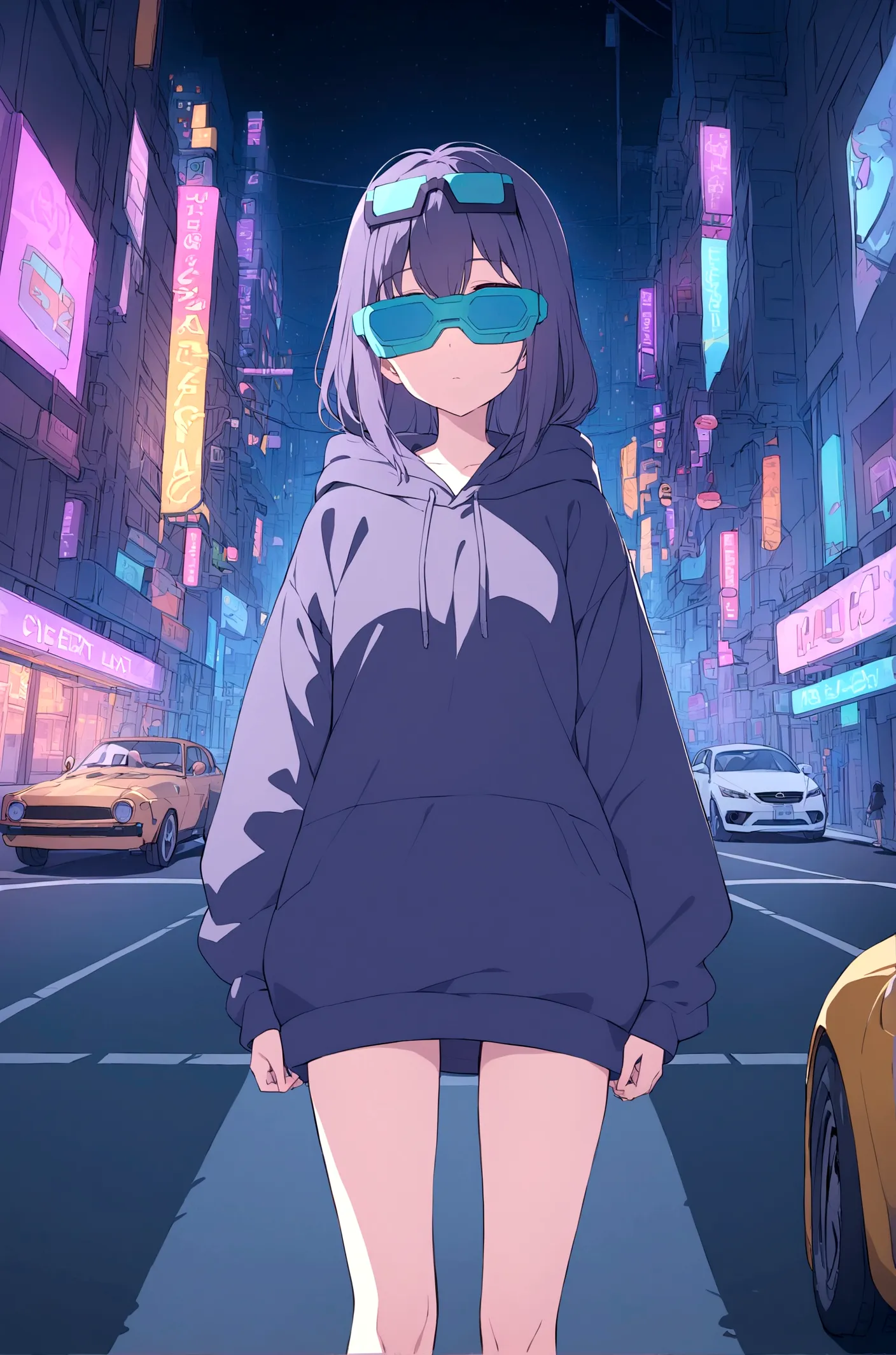 Slim girl standing at the middle of road, wearing black purple hoodie, wearing cyber glasses, neon city, at night, cars