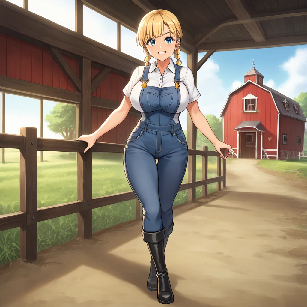 freckled, childish, curvy, blonde mature woman, blue eyes, fringe hairstyle with two braids, big breasts, big ass, ear rings, white blouse short sleeves, short overalls, tight, black boots, naughty smile, cool pose, in front of the barn a farm, ecchi anime, cinematic, dramatic, masterpiece, dynamic view, full body,