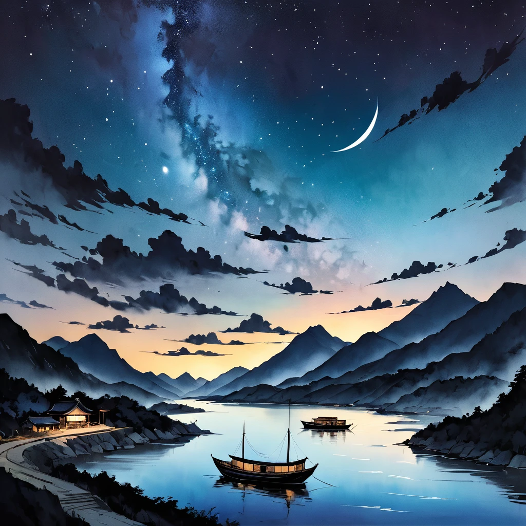 夜空の下の山と川の船の水墨画  
