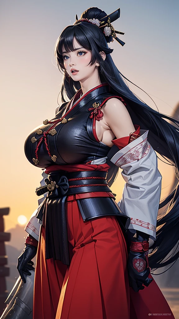(female Samurai:1.2), (Gigantic breasts:1.4), (Huge breasts:1.4), (Large breasts:1.4), (Big breasts:1.4), (Masterpiece:1.2), (Samurai warrior:1.1), (Serious:1.3), (Full body shot:1.0), (Hakama:1.1), (Sword in hand:1.0), (Realistic texture:1.4), (High resolution:1.3), (Detailed facial features:1.2),giga_busty