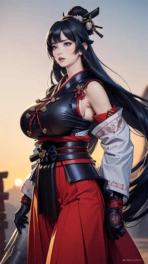 (female Samurai:1.2), (Gigantic breasts:1.4), (Huge breasts:1.4), (Large breasts:1.4), (Big breasts:1.4), (Masterpiece:1.2), (Sa...