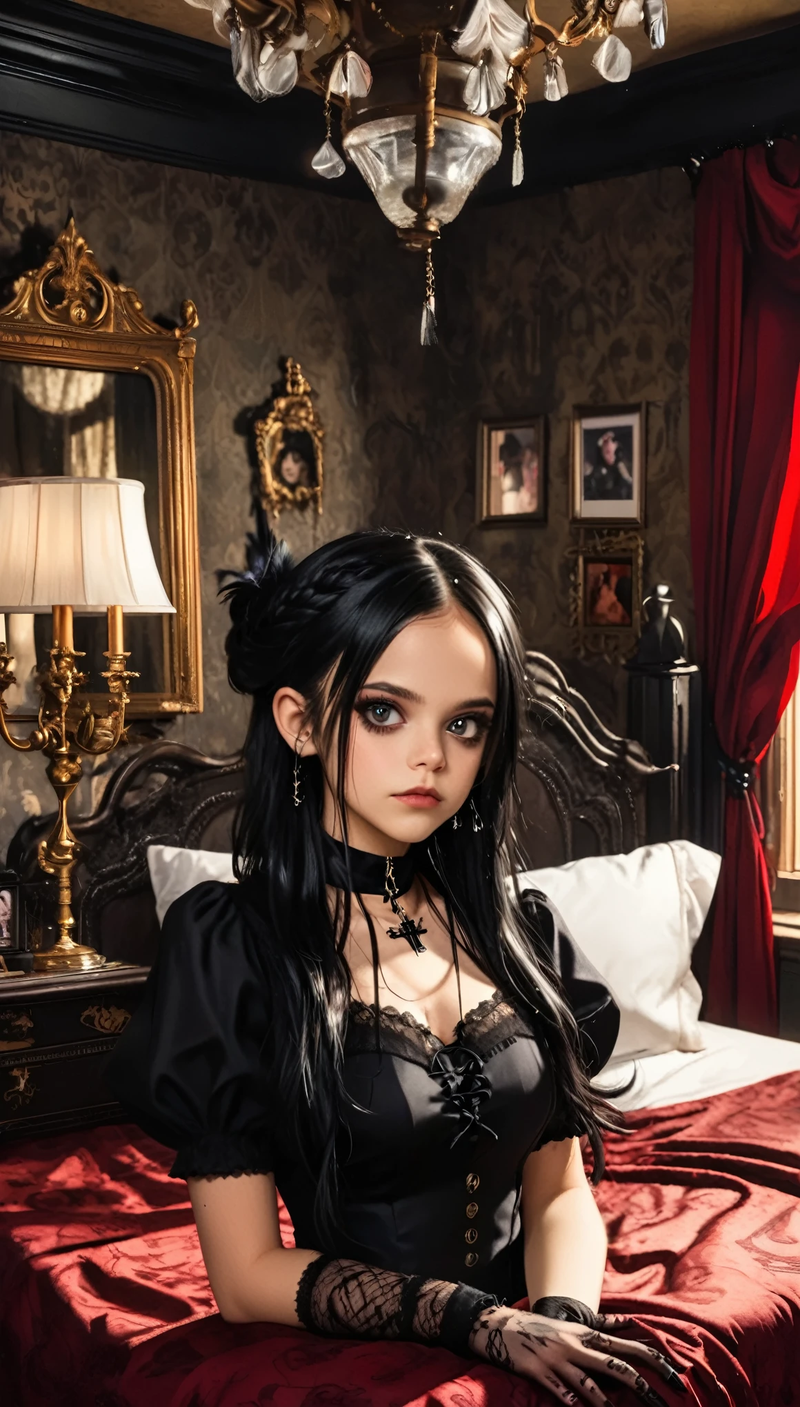 A young woman with long black hair styled in two braids and wears minimal makeup with dark eyeliner, sexy goth, Wednesday Addams (Jenna Ortega). The setting is a old Victorian bedroom with McCabe ornate decorations with a (Duotone {red and black]) silk bedspread. Painting on the wall of famous monsters taking a family photo. She is wearing black ornate fabric choker, black corset, black short feathered dress with black stockings. A peculiar, lifelike severed hand is placed on the bed next to her, adding an element of mystery. The lighting is eerie, coming from an unseen source, creating a since of mystery and intriguing atmosphere.