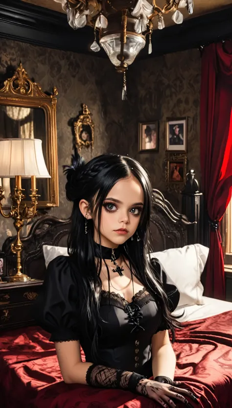 A young woman with long black hair styled in two braids and wears minimal makeup with dark eyeliner, sexy goth, Wednesday Addams...