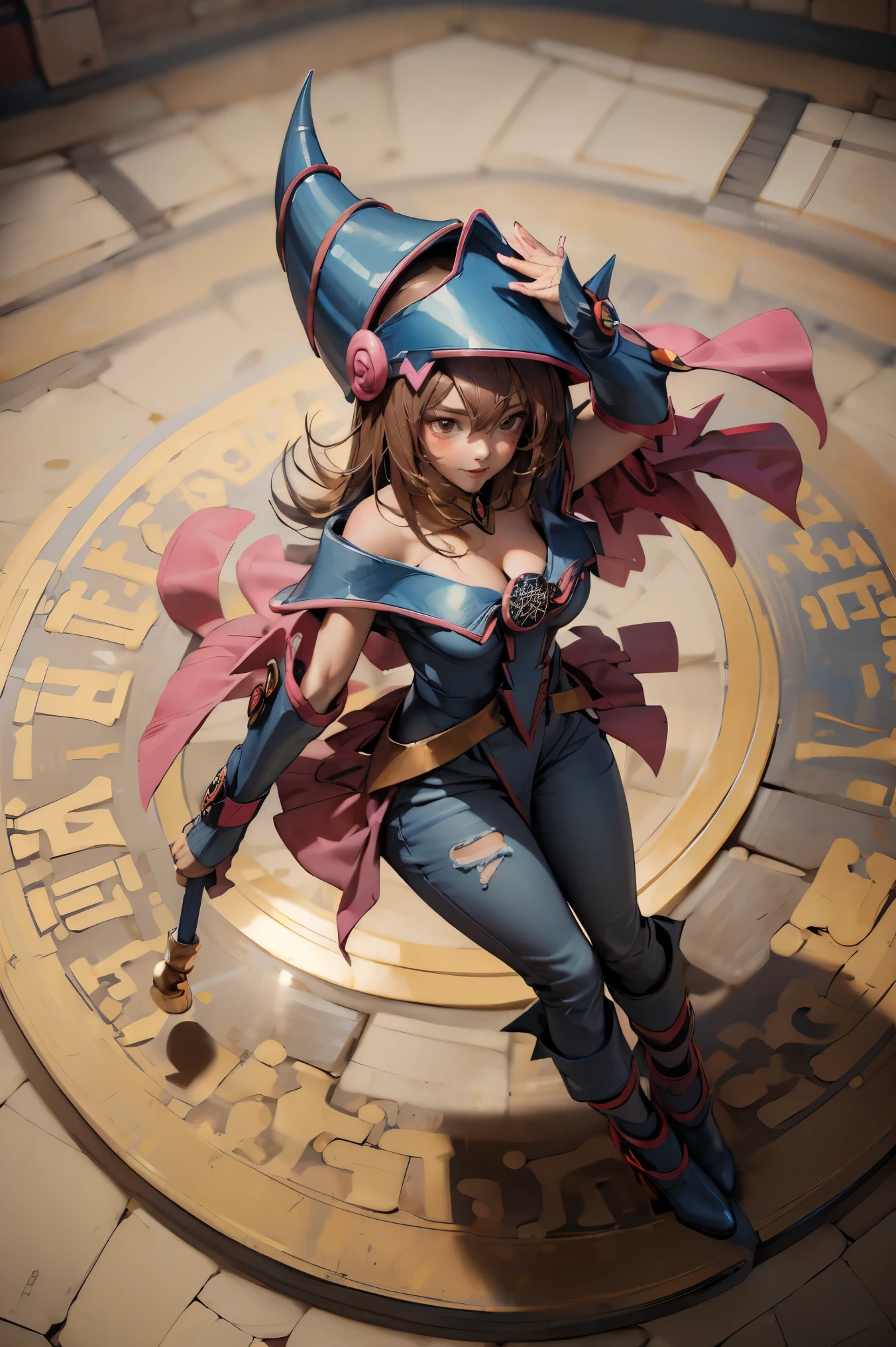 (Masterpiece:1.2), (The best quality:1.2), perfect lighting, Dark Magician Girl casting a spell, in battle. floating in the air, big and visible tits, wear jeans and heels. transparent neckline, blue robe, big hat, From above, sparkles, Yugioh game, The magic of the heart, romantic heart.