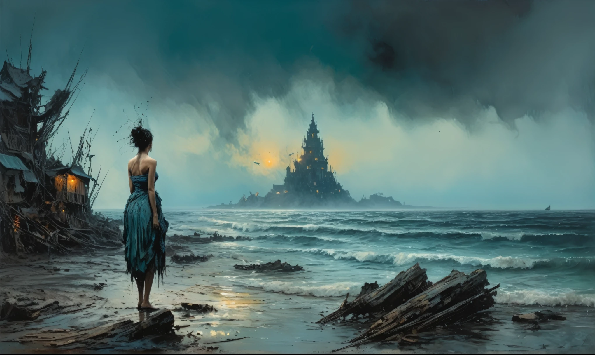  woman, stunning, highly detailed, 8k, ornate, intricate, cinematic, dehazed, atmospheric, (oil painting:0.75), (splash art:0.75),(teal:0.2),(orange:0.2), (by Jeremy Mann:0.5), (by John Constable:0.1),(by El Greco:0.5),(acrylic paint:0.75)full-body-shot,High contrast,Masterpiece,Realistic,Ultra Detailed,intricate details,realistic humid skin,extremely intricate,realism,photorealism, cinematic style,irina yermolova,HDR,((Wangechi Quality)),extremely detailed, [night landscape],masterpiece,intricate details,faded,eyes extremely detailed, high detailed eyes,16k resolution,RAW, Nikon Z9,chinese orc's village of fishers on seaside,authentic,full body length,Labradorite babygirl,native italian troll ,pretty face,eyebrow up,full body shot,ominous landscape,glate gray atmosphere,by art Simon Stalenhag,Nicola Samori,(((Wangechi Mutu))),prime colors,urban,extremely detailed,masterpiece,intricate details,faded,eyes extremely detailed, high detailed eyes,4k resolution,RAW, Nikon Z9,commercial photography 