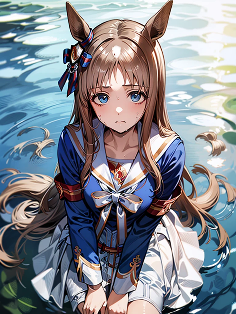 grass wonder \(Umamusume\), 1 girl, Solo, Best Quality, masutepiece, 8K, High resolution, Ultra-detailed, sitting, (((submarged in water))), Blue jacket, White sailor color, Long sleeves, White skirt, ((wet hair, wet clothes,))