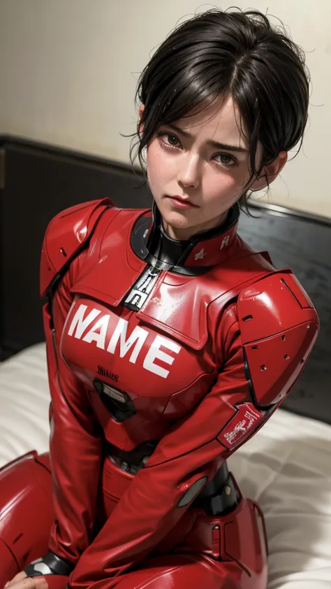 Highest quality　8k red robot　Middle-aged women　Sweaty face　cute　short hair　boyish　Very short hair　Steam coming out of my head　My...