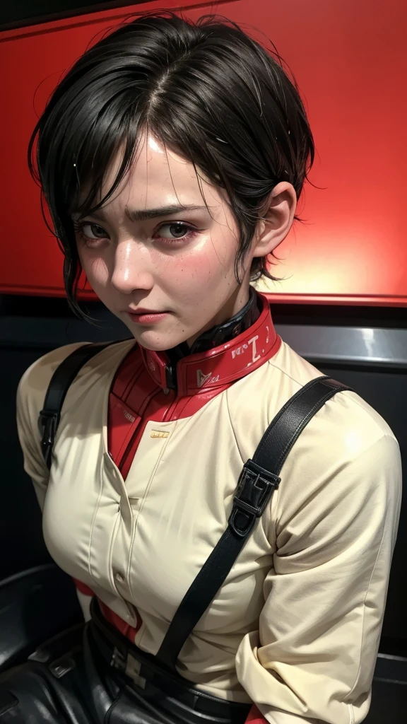 Highest quality　8k red robot　Middle-aged women　Sweaty face　cute　short hair　boyish　Very short hair　Steam coming out of my head　My hair is wet with sweat　The feel of black hair　Full body portrait　My upper body is soaked　 　I can see the vagina　Lying in bed