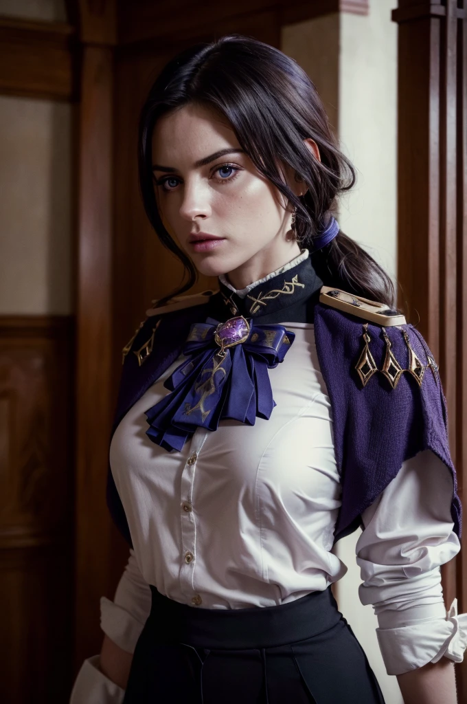 A adult girl in realistic portrait of high quality and detail, Clorinde (Genshin Impact), 2000's movie style, french girl, full-length, dark and mysterious atmosphere, pale skin, glow, eye shadow, 1girl, thriller fantasy, Depth & Perspective, sadness on her face, ponytail purple hair, purple eyes, Mystical powers, fine face, She's standing in the courtroom, indoors, She is wearing a gendarmerie uniform and a white shirt, blue sky, white cloud, looking at viewer, (ultra-high detail:1.2), Masterpiece, Best Quality, Ultra-detailed, Cinematic lighting, 8K, delicate features, cinematic, 35 mm lens, f/1.9, highlight lighting, global lighting –uplight –v 4, cinematic, intense gaze, Cinematic lighting, 8K, high quality, Highest Quality, (Solo Focus), (extremly intricate:1.3), (Realistic), dramatic, masterful, Analog style, (Film grain:1.5), (warm hue, cold tone),  behind back