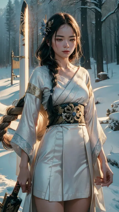 Raiden Shogun (Genshin Impact), woman in white kimono holding a sword in snow, an adult girl with long dark hair braided in a br...