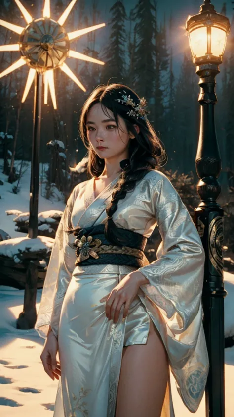 Raiden Shogun (Genshin Impact), woman in white kimono holding a sword in snow, an adult girl with long dark hair braided in a br...