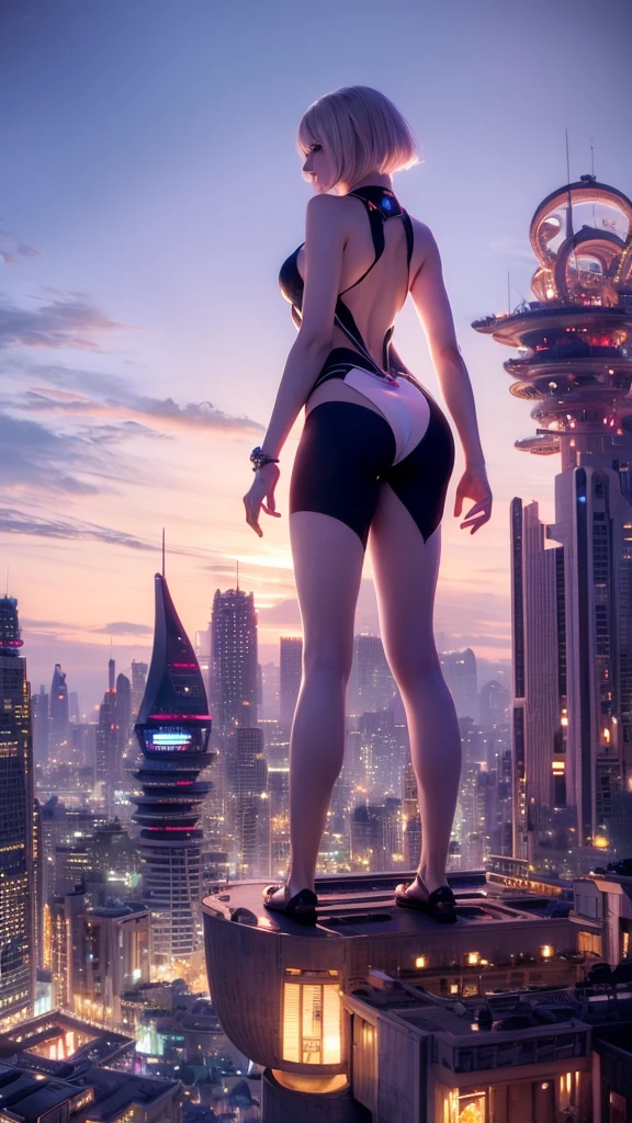 a woman standing in front of a 미래 지향적인 city, cg소사이어티 9, 미래 지향적인 city backgrond, 판타지 공상과학 도시에서, 시네마틱. 미래파, 미래 지향적인. 게임 CG, otherwordly 미래 지향적인 city, 미래 지향적인 city in background, 미래 지향적인 art style, 미래 지향적인 sci-fi, 미래 지향적인 city background, 공상 과학 도시, 미래 지향적인 marrakech, by 라파엘 라코스테, human 미래 지향적인 city