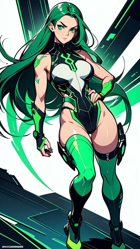 masterpiece, highest quality, (solo focus), (perfect face:1.1), (full body), (high detail:1.1), (hyper detailed eyes), dramatic, a woman with paleskin and long dark green hair, bright green eyes, solo, arrogant expression, neon cybernetic outfit, white background, art by artgerm, cinematic lighting, fashion, BalenciagaStyle