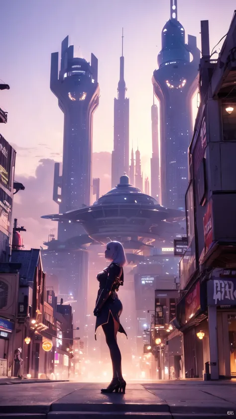 a woman standing in front of a futuristic city, cgsociety 9, futuristic city backgrond, in fantasy sci - fi city, cinematic. fut...