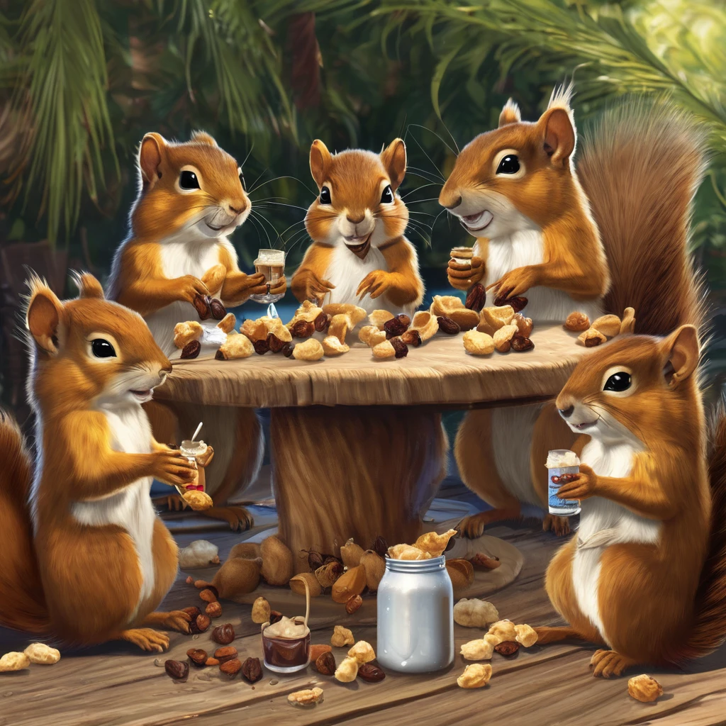 4 squirrels, gathering, table with a bottle of rum in the middle. Squirrel 1 holding a peanut, squirrel 2 holding shredded coconut, squirrel 3 holding raisins, and squirrel 4 holding a sack of flour. They are drunk, sitting with 4 glasses of rum and ice.