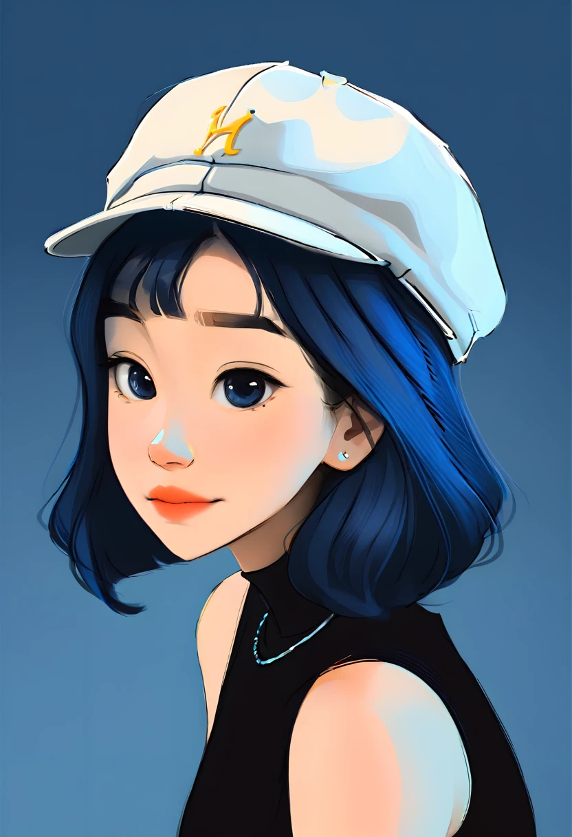 Retrato de una mujer con gorra, pelo corto, fondo azul, Estilo Webtoon 