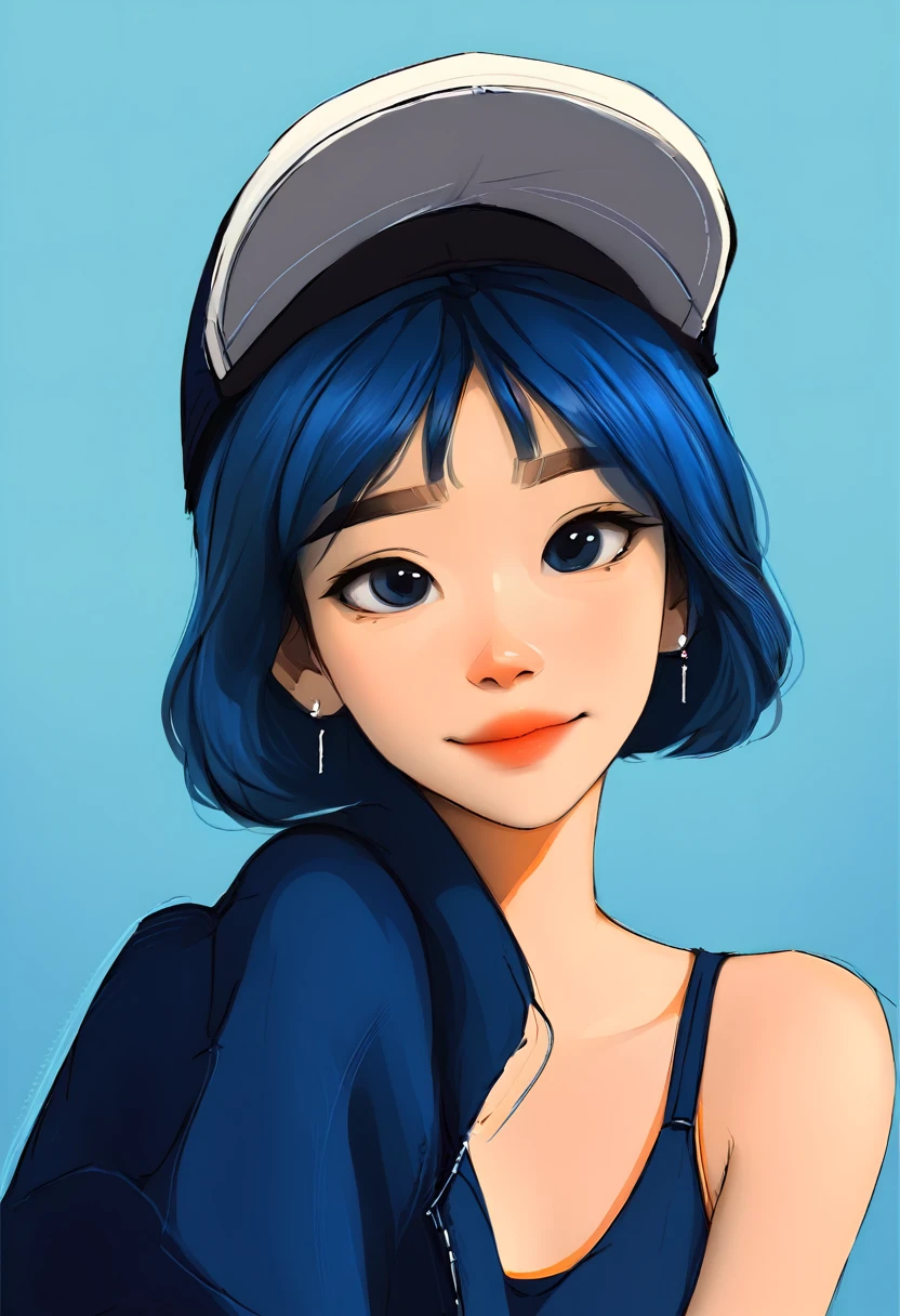 Portrait of a woman with a cap, shorth hair, blue background, webtoon style 