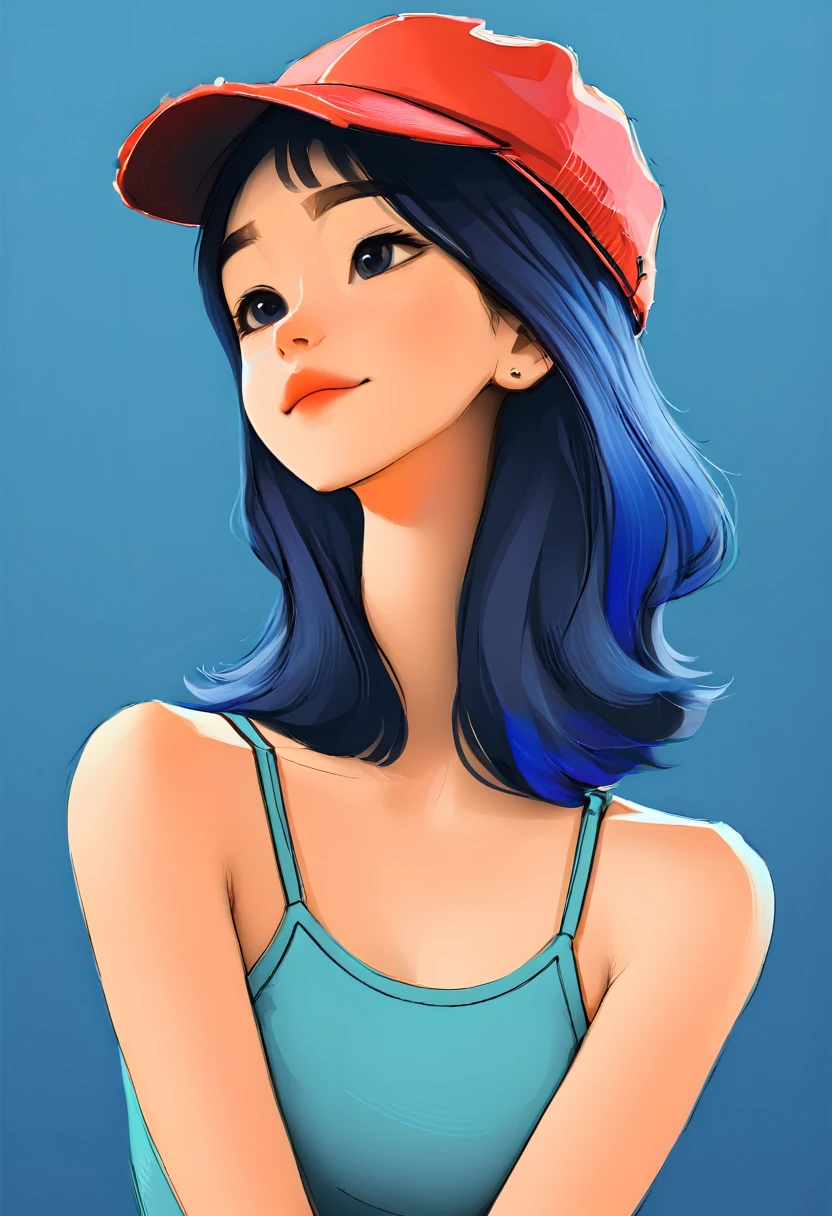 戴帽子的女人的肖像, 短髮, 藍色背景, 網路漫畫風格 