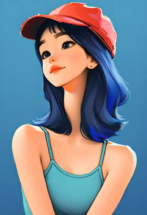 Portrait of a woman with a cap, shorth hair, blue background, webtoon style 