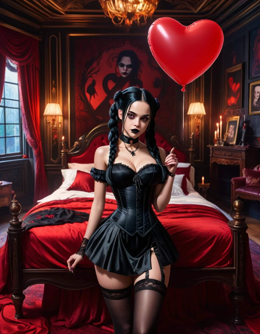 A young woman with long black hair styled in two braids and wears minimal makeup with dark eyeliner, black lipstick, sexy goth, Wednesday Addams (Jenna Ortega). The setting is a old Victorian bedroom with McCabe ornate decorations with a (Duotone {red and black]) silk bedspread. Painting on the wall of famous monsters taking a family photo. She is wearing black ornate fabric choker, black corset, black short feathered dress with black stockings. Holding a single string to a single red balloon dripping red paint, shaped like a heart floating in the air. A peculiar, lifelike severed hand is placed on the bed next to her, adding an element of mystery. The lighting is eerie, coming from an unseen source, creating a since of mystery and intriguing atmosphere. Hyper realistic photo, vibrant colors, 16k.