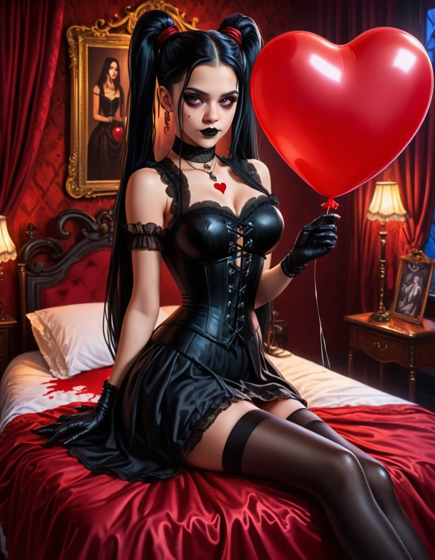 A young woman with long black hair styled in two braids and wears minimal makeup with dark eyeliner, black lipstick, sexy goth, Wednesday Addams (Jenna Ortega). The setting is a old Victorian bedroom with McCabe ornate decorations with a (Duotone {red and black]) silk bedspread. Painting on the wall of famous monsters taking a family photo. She is wearing black ornate fabric choker, black corset, black short feathered dress with black stockings. Holding a single string to a single red balloon dripping red paint, shaped like a heart floating in the air. A peculiar, lifelike severed hand is placed on the bed next to her, adding an element of mystery. The lighting is eerie, coming from an unseen source, creating a since of mystery and intriguing atmosphere. Hyper realistic photo, vibrant colors, 16k.