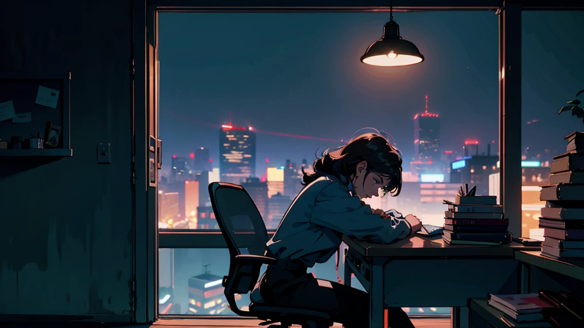 Office at night, Beautiful Asian woman leaning on a desk, City night view from the window, Perfect Face, , TaylorMade, Melancholy, Neon Black, (Backlight: 1.1), A scene from a movie, Hard Shadows, masterpiece, Highest quality, Complex, Model shooting style, Vintage, Film Grain, Blue tones, Wide Shot