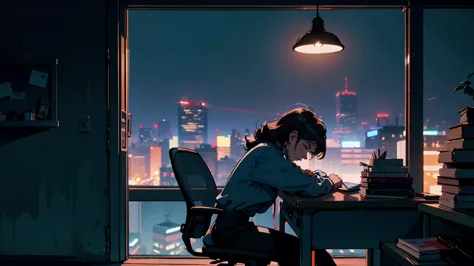 office at night, beautiful asian woman leaning on a desk, city night view from the window, perfect face, , taylormade, melanchol...