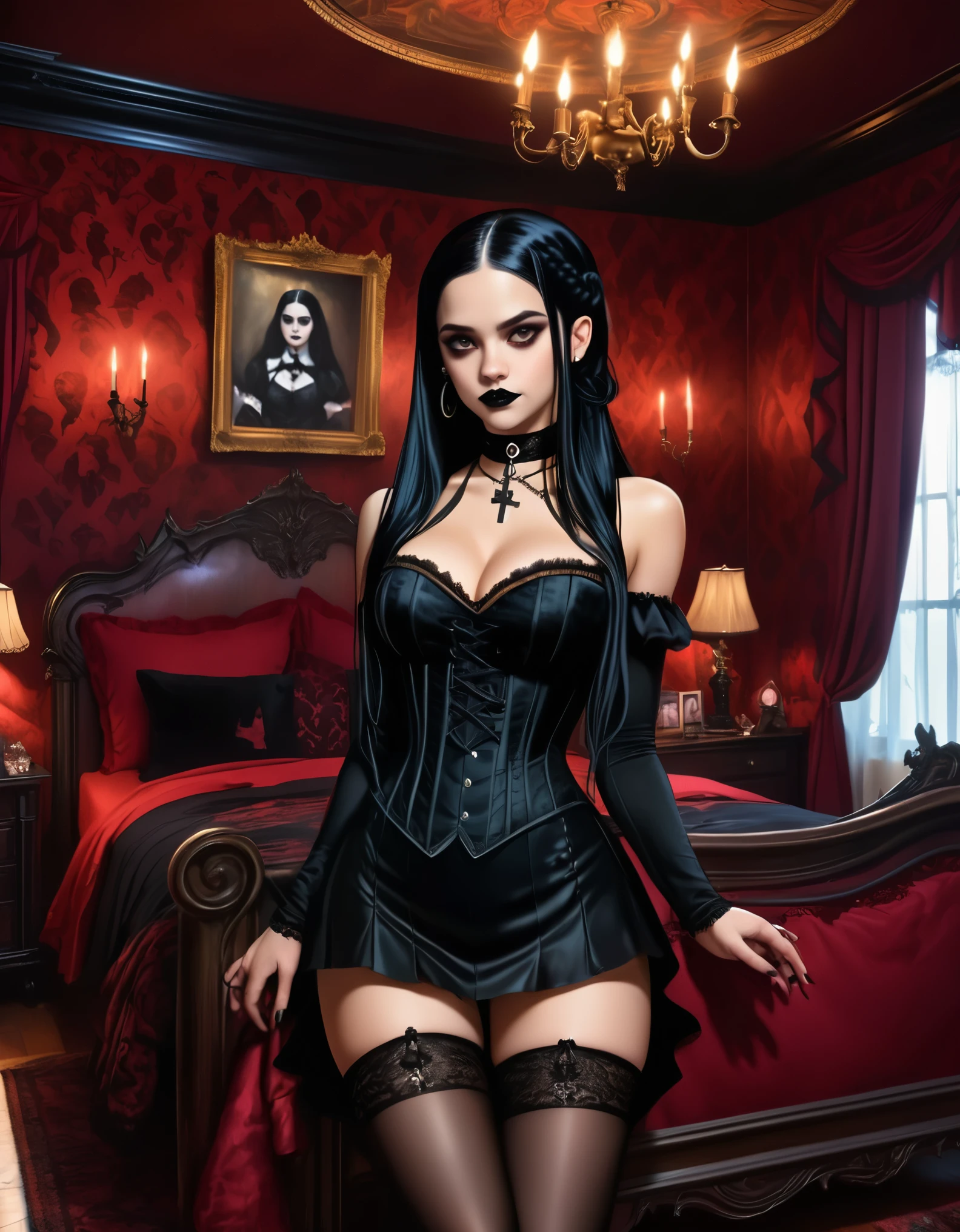 A young woman with long black hair styled in two braids and wears minimal makeup with dark eyeliner, black lipstick, sexy goth, Wednesday Addams (Jenna Ortega). The setting is a old Victorian bedroom with McCabe ornate decorations with a (Duotone {red and black]) silk bedspread. Painting on the wall of famous monsters taking a family photo. She is wearing black ornate fabric choker, black corset, black short feathered dress with black stockings. A peculiar, lifelike severed hand is placed on the bed next to her, adding an element of mystery. The lighting is eerie, coming from an unseen source, creating a since of mystery and intriguing atmosphere. Hyper realistic photo, vibrant colors, 16k.
