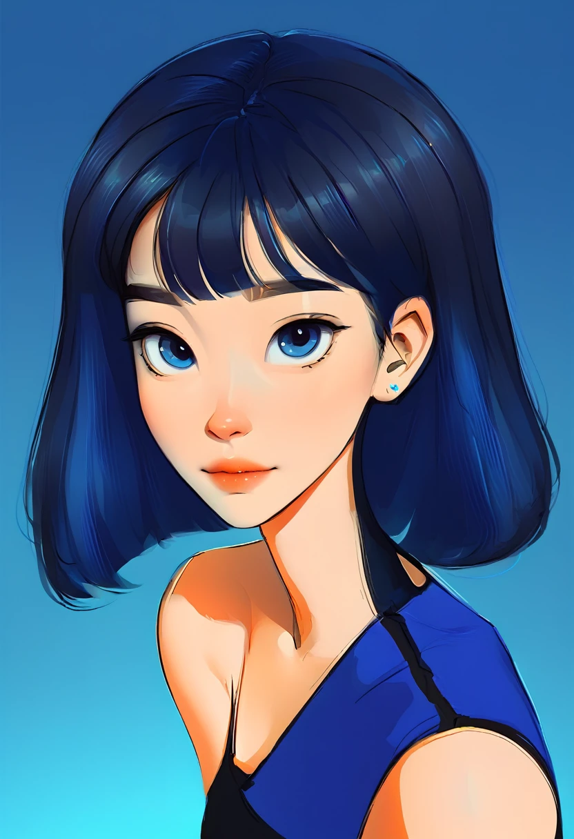 Portrait d'une belle extraterrestre, cheveux courts, fond bleu, Style de webtoon