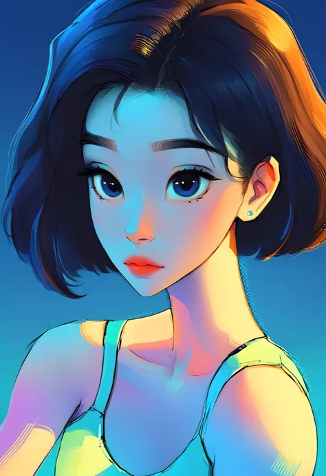 Portrait of a beautiful alien, shorth hair, blue background, webtoon style