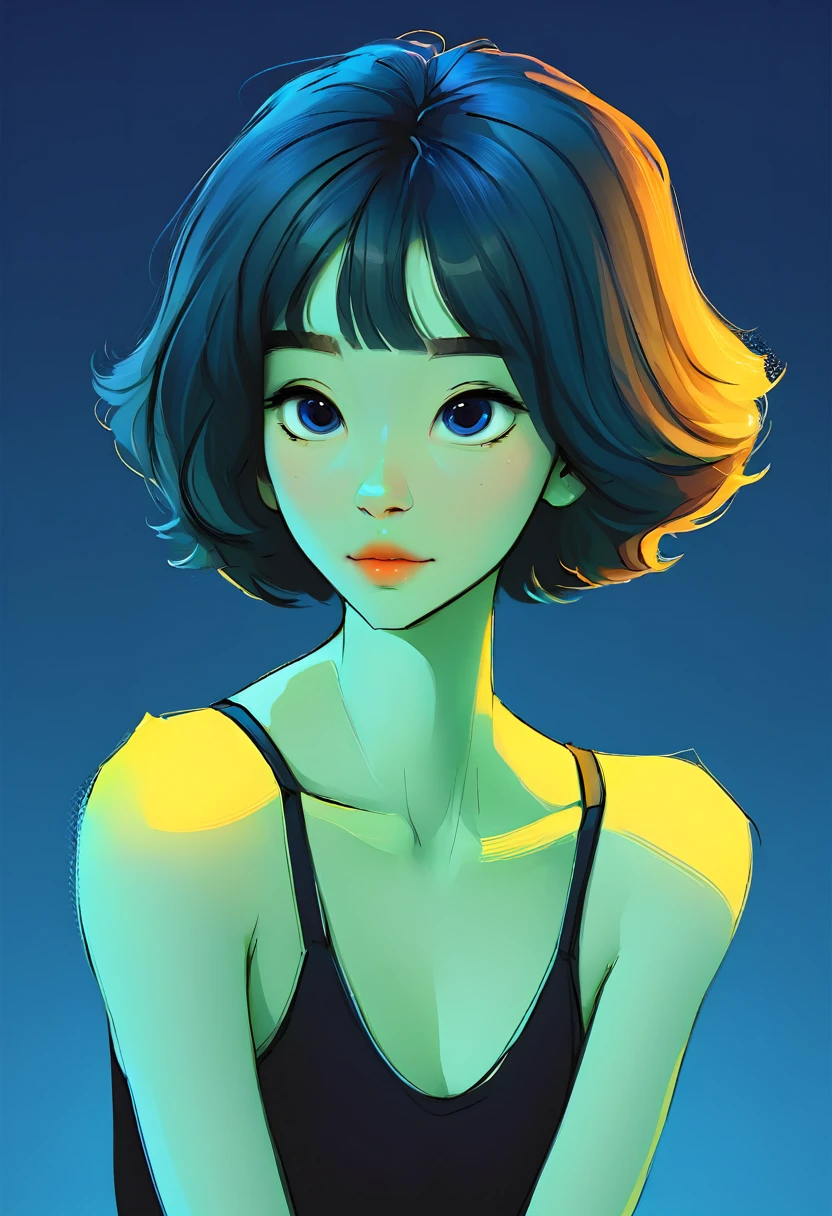 Portrait of a beautiful alien, shorth hair, blue background, webtoon style