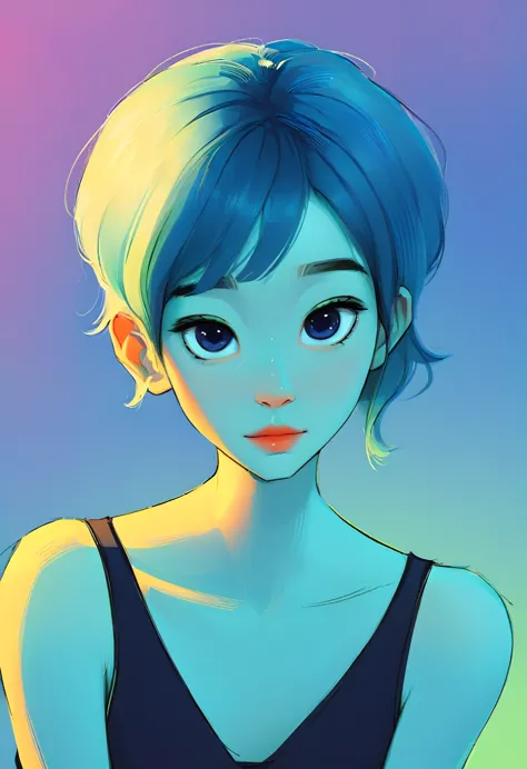 Portrait of a beautiful alien, shorth hair, blue background, webtoon style