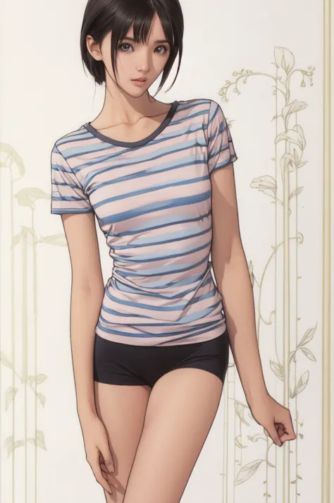 ((masterpiece, best quality)),((highres:1.2)), 1 Girl, solo, Blurred Background, (((Small breasts))), Thighs, (Stripe underwear)...