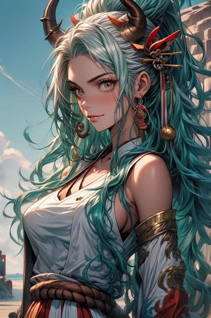 yamato, aqua hair, (brown eyes:1.5), curled horns, earrings, green hair, white hair, hair ornament, hair stick, high ponytail, horns, long hair, multicolored hair, multicolored horns, oni, red horns, shimenawa, sidelocks, v-shaped eyebrows, very long hair, best quality, masterpiece, 4k, absurd res, UHD, ultra-detailed, detailed eyes, detailed skin, detailed hair, detailed face, detailed fabric, (1 young beautiful girl, solo:1.1), (multicolored hair, long hair, white hair, aqua hair, two-tone hair, high ponytail, hair stick, hair ornament), (natural big breasts:1.2), (sideboob:1.2), (bare arms, bare shoulders, hakama, japanese clothes, rope, shimenawa, sideboob, sleeveless, sleeveless kimono), earrings, jewelry, (big eyes, brown eyes), collarbone, medium body ((hourglass shape)), sexy pose, smile, beach background, cowboy shot